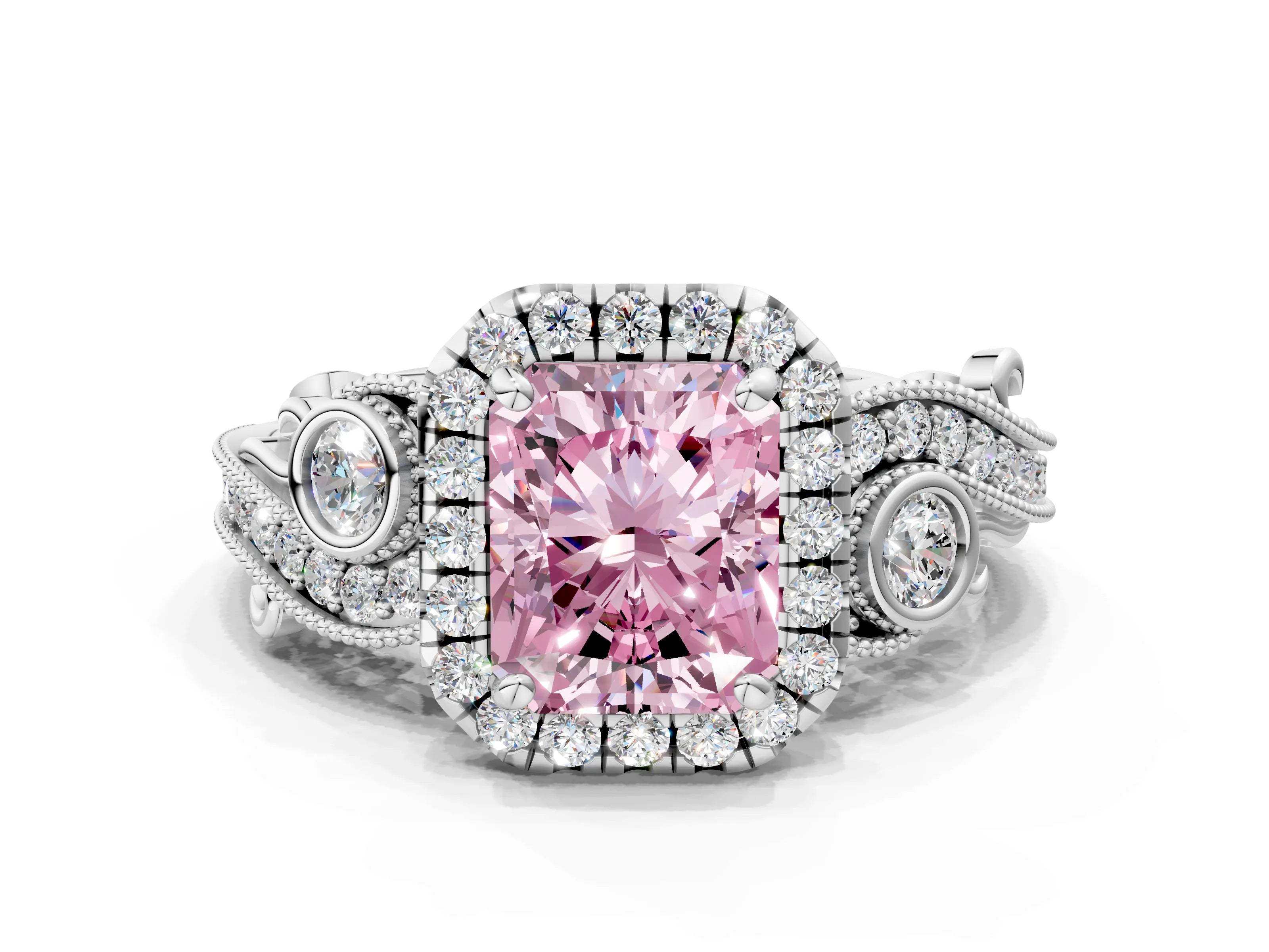 White gold Fancy Pink Radiant Cut Halo Diamond Ring with Milgrain and Bezel Accents on a Split Shank Band