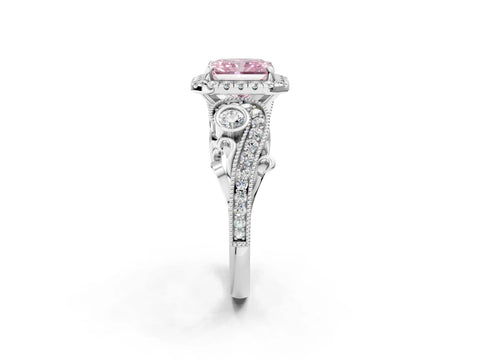 White gold Fancy Pink Radiant Cut Halo Diamond Ring with Milgrain and Bezel Accents on a Split Shank Band_2