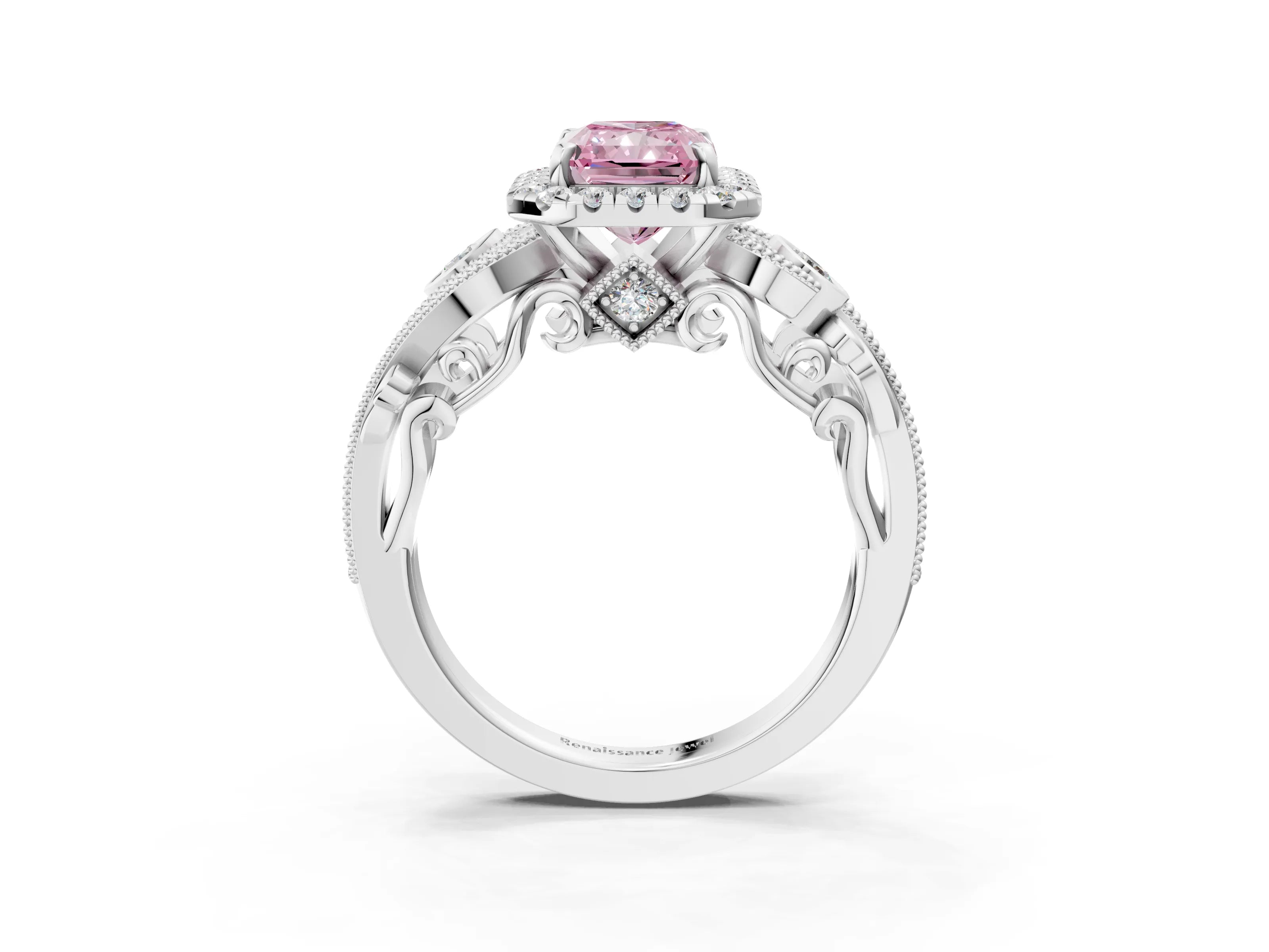 White gold Fancy Pink Radiant Cut Halo Diamond Ring with Milgrain and Bezel Accents on a Split Shank Band_3