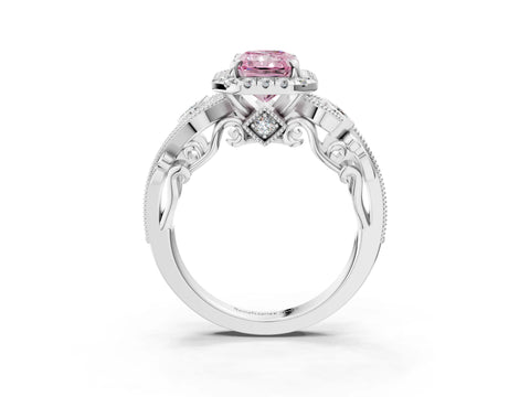 White gold Fancy Pink Radiant Cut Halo Diamond Ring with Milgrain and Bezel Accents on a Split Shank Band_3