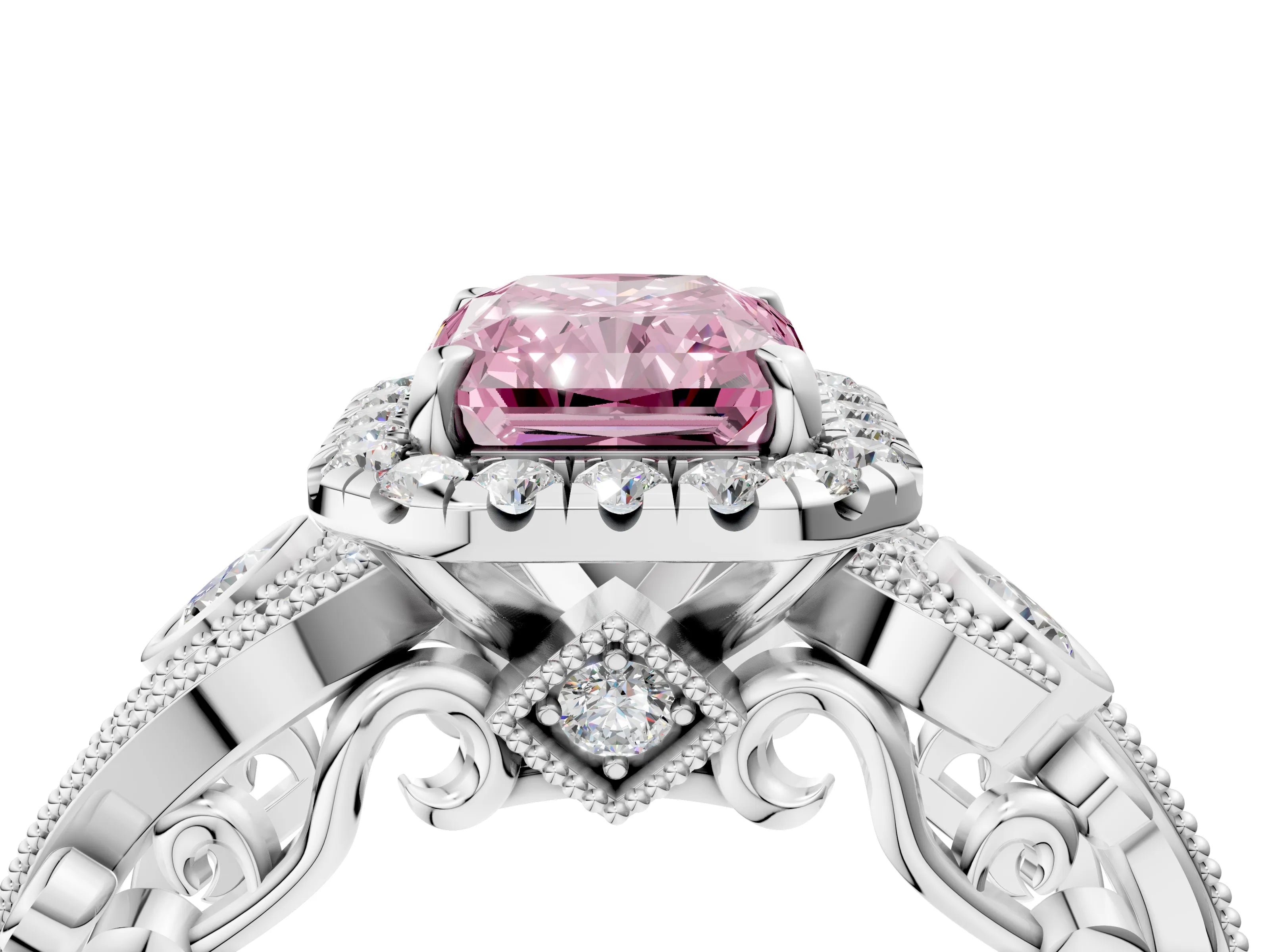 White gold Fancy Pink Radiant Cut Halo Diamond Ring with Milgrain and Bezel Accents on a Split Shank Band_4