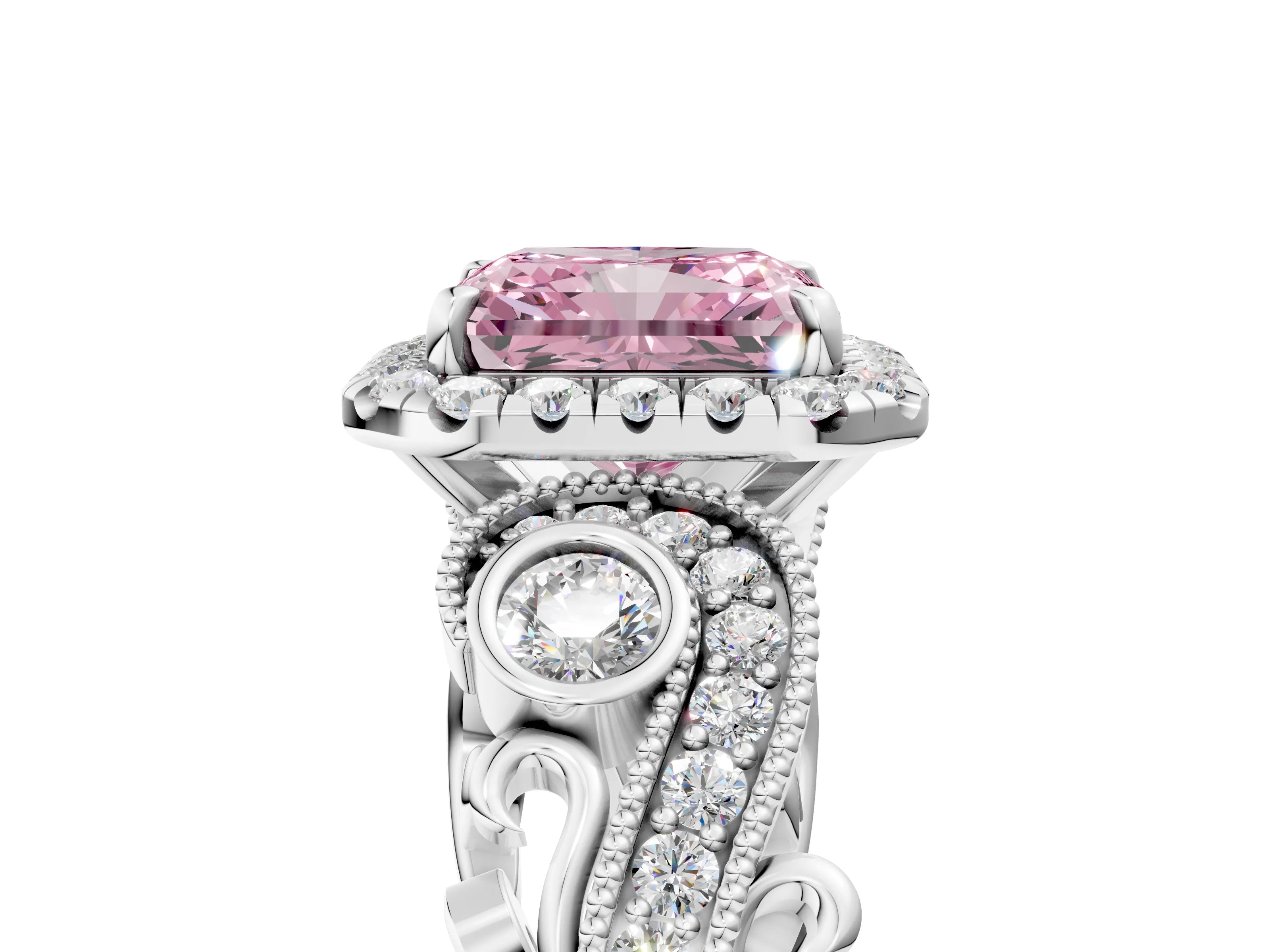 White gold Fancy Pink Radiant Cut Halo Diamond Ring with Milgrain and Bezel Accents on a Split Shank Band_5