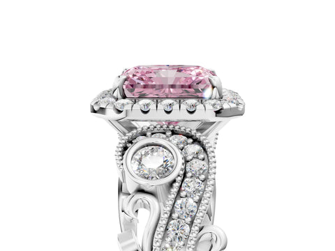 White gold Fancy Pink Radiant Cut Halo Diamond Ring with Milgrain and Bezel Accents on a Split Shank Band_5