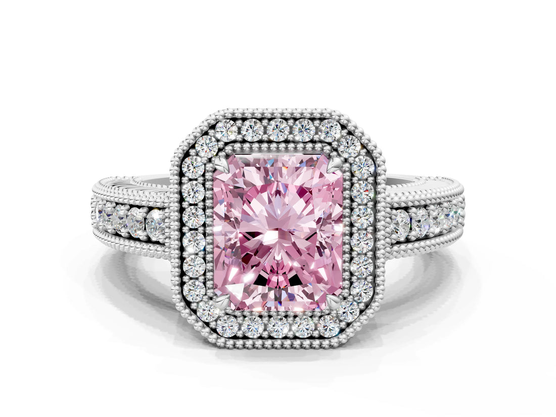 White gold Fancy Pink Radiant  Cut Halo Diamond Ring with Pavé Band and Four-Prong Setting_51