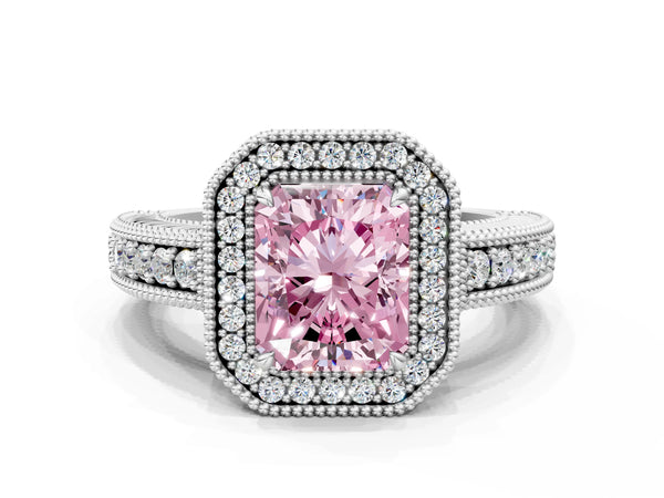 Platinum Fancy Pink Radiant  Cut Halo Diamond Ring with Pavé Band and Four-Prong Setting