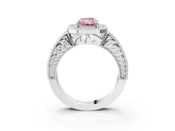 Platinum Fancy Pink Radiant  Cut Halo Diamond Ring with Pavé Band and Four-Prong Setting