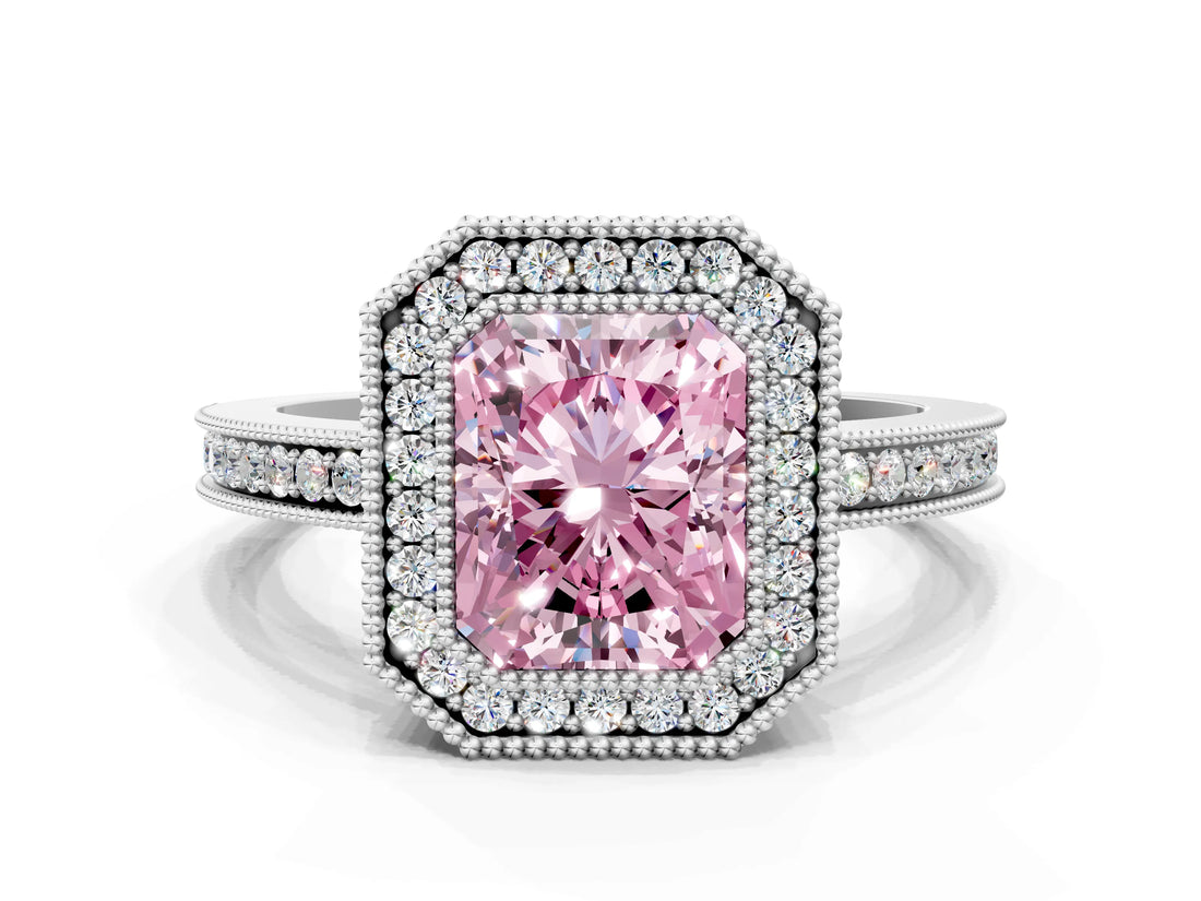 White gold Fancy Pink Radiant  Cut Halo Diamond Ring with Pavé Band and Milgrain Prong Setting_32