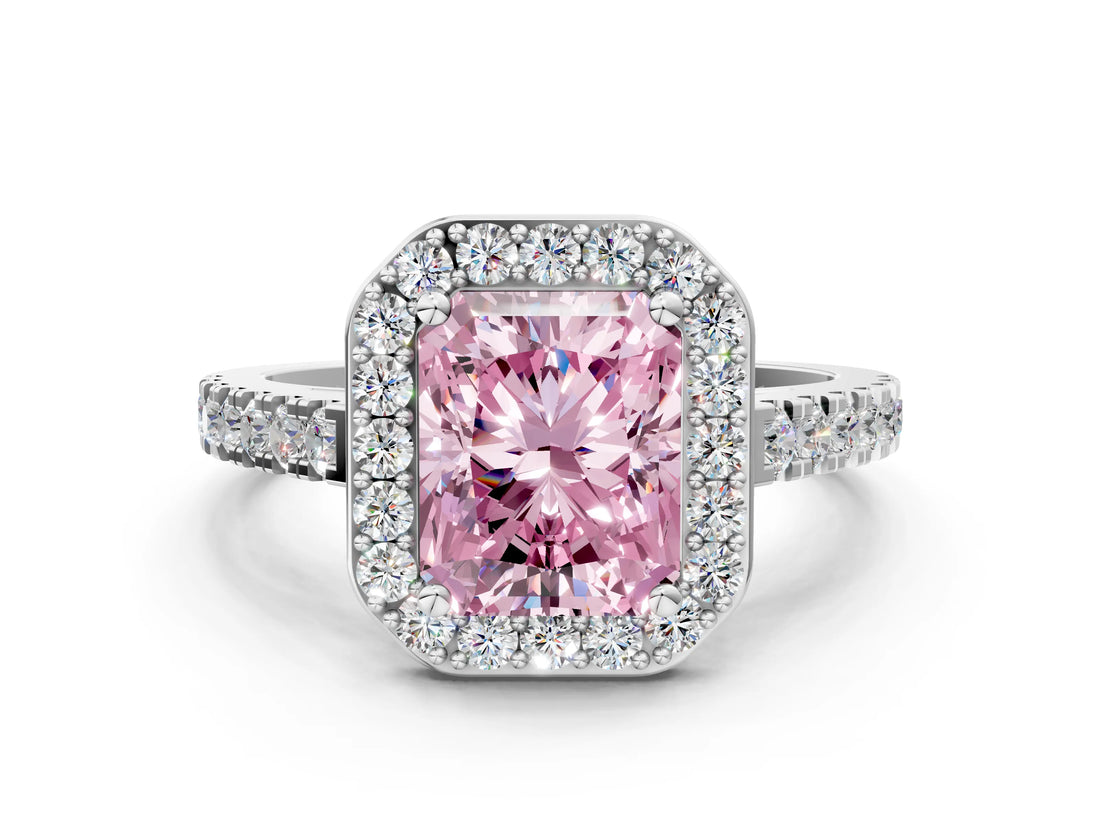 White gold Fancy Pink Radiant Cut Halo Diamond Ring with Pavé Band and Three-Prong Setting_12