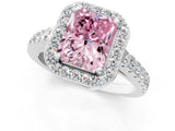 White gold Fancy Pink Radiant Cut Halo Diamond Ring with Pavé Band and Three-Prong Setting_13