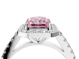White gold Fancy Pink Radiant Cut Halo Diamond Ring with Pavé Band and Three-Prong Setting_16