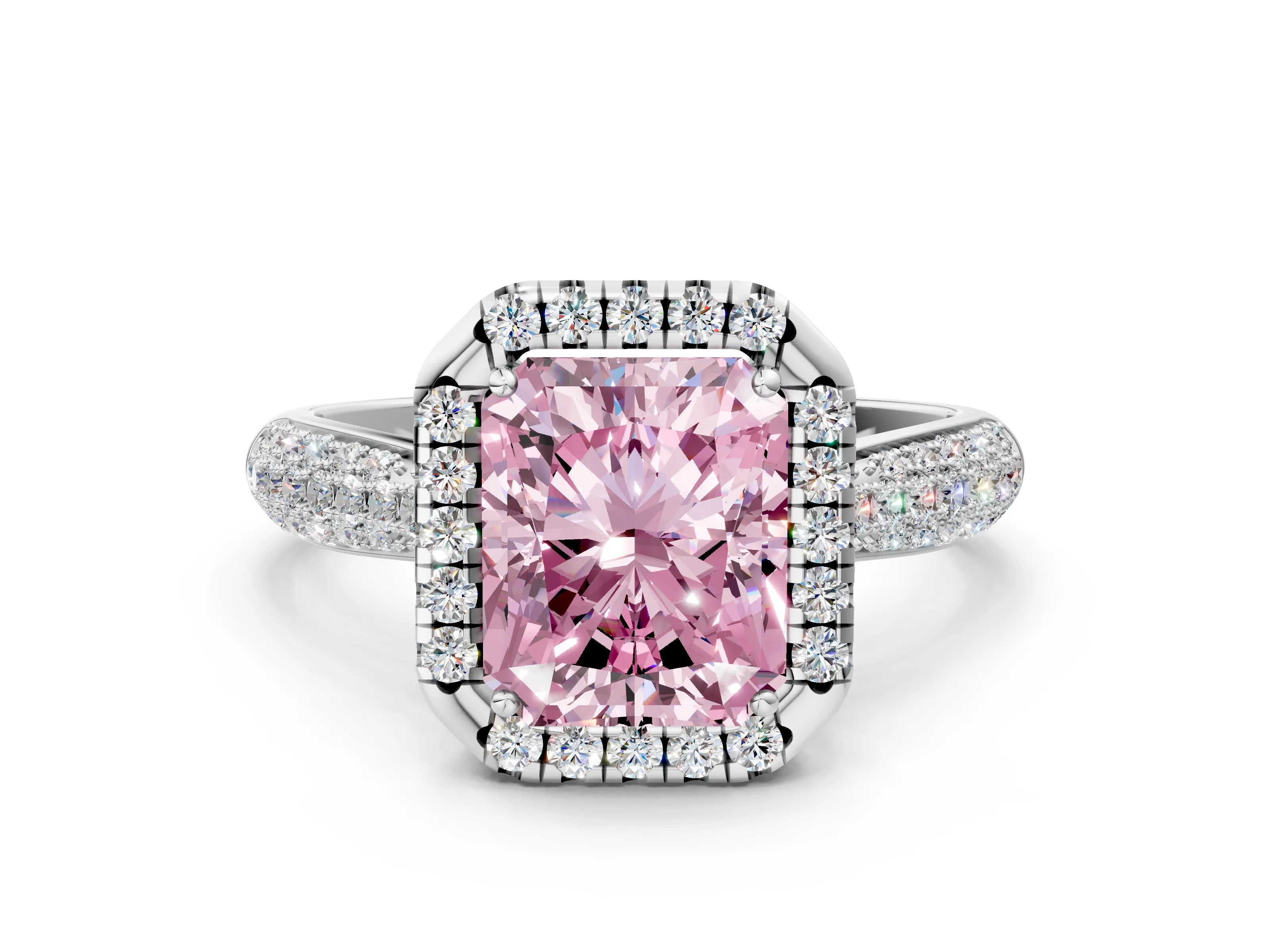 White gold Fancy Pink Radiant Cut Halo Diamond Ring with Pavé Band