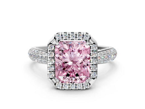 White gold Fancy Pink Radiant Cut Halo Diamond Ring with Pavé Band