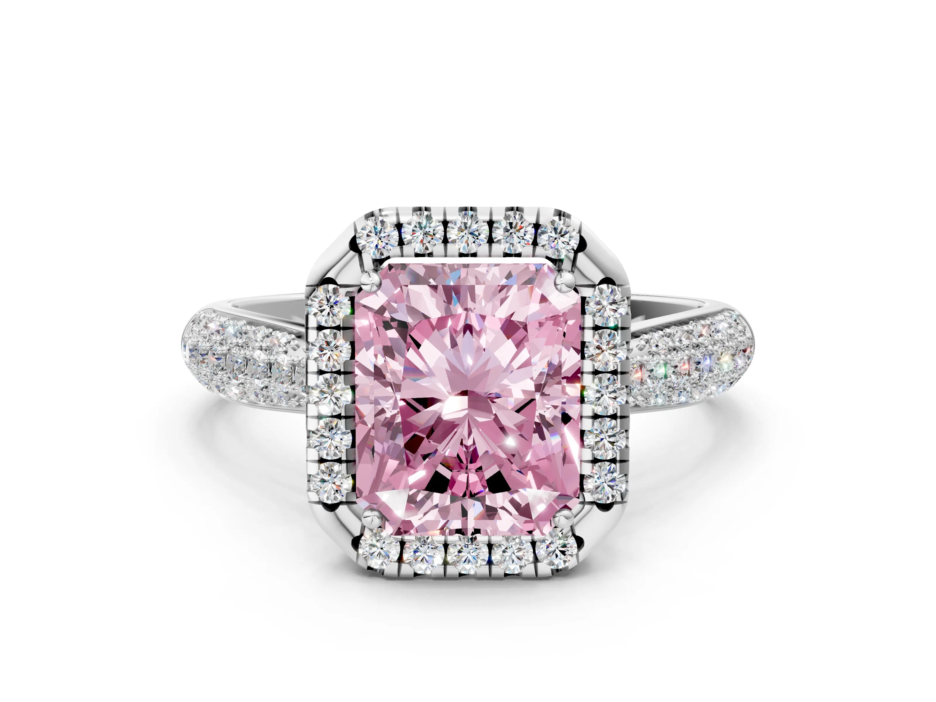 White gold Fancy Pink Radiant Cut Halo Diamond Ring with Pavé Band_24