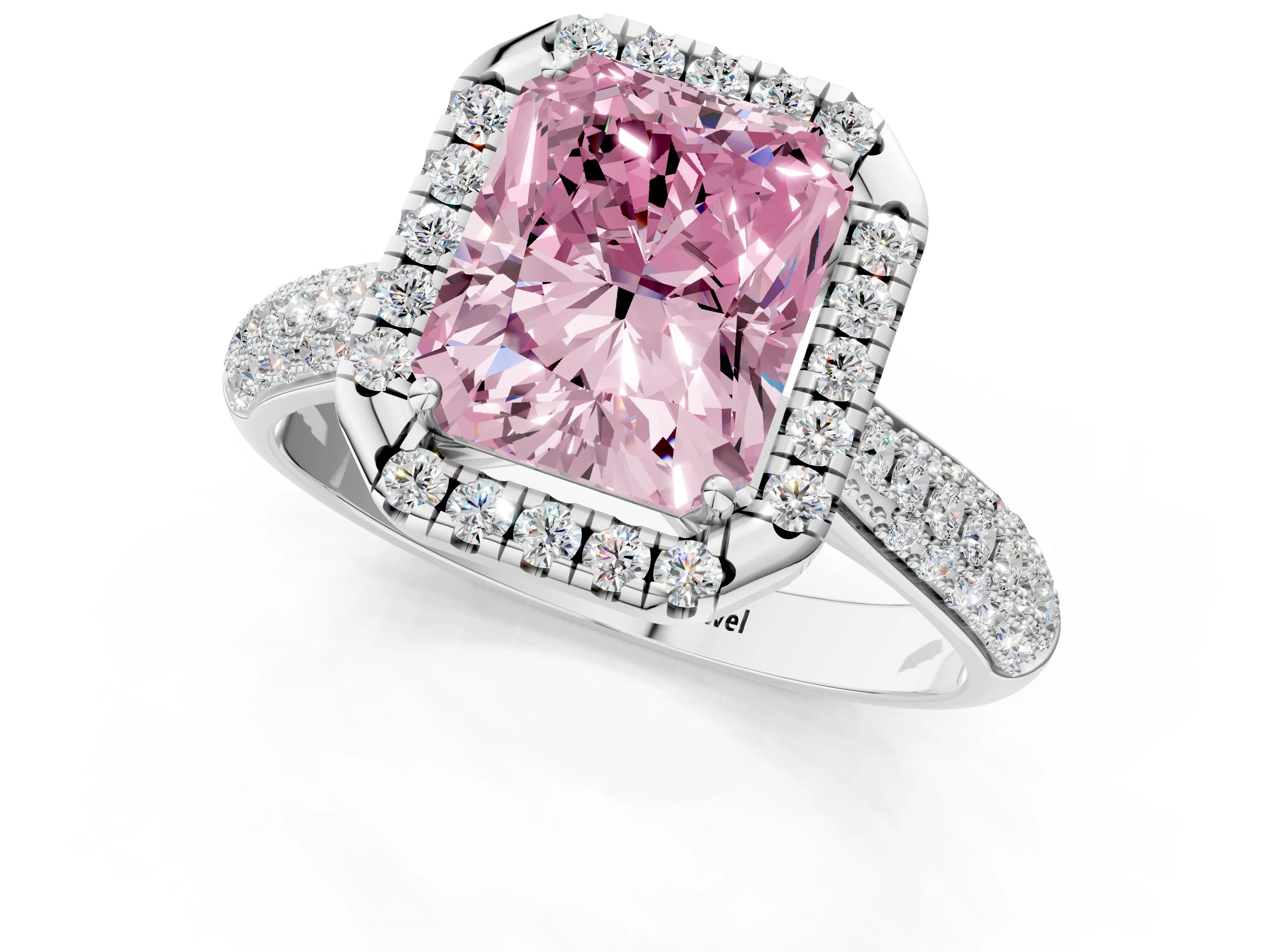 White gold Fancy Pink Radiant Cut Halo Diamond Ring with Pavé Band_25