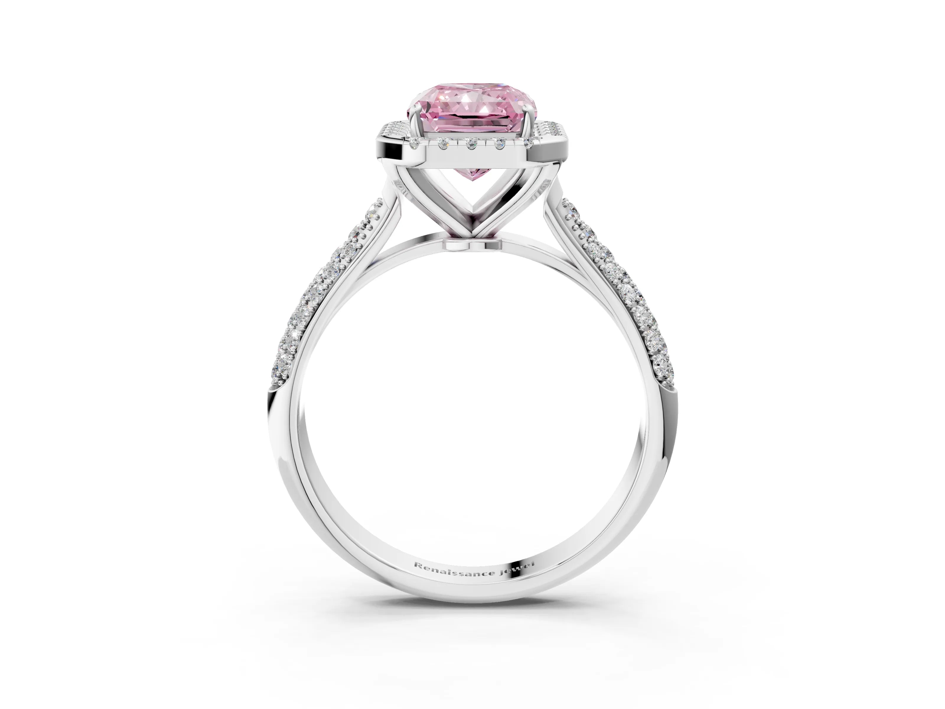 White gold Fancy Pink Radiant Cut Halo Diamond Ring with Pavé Band_3