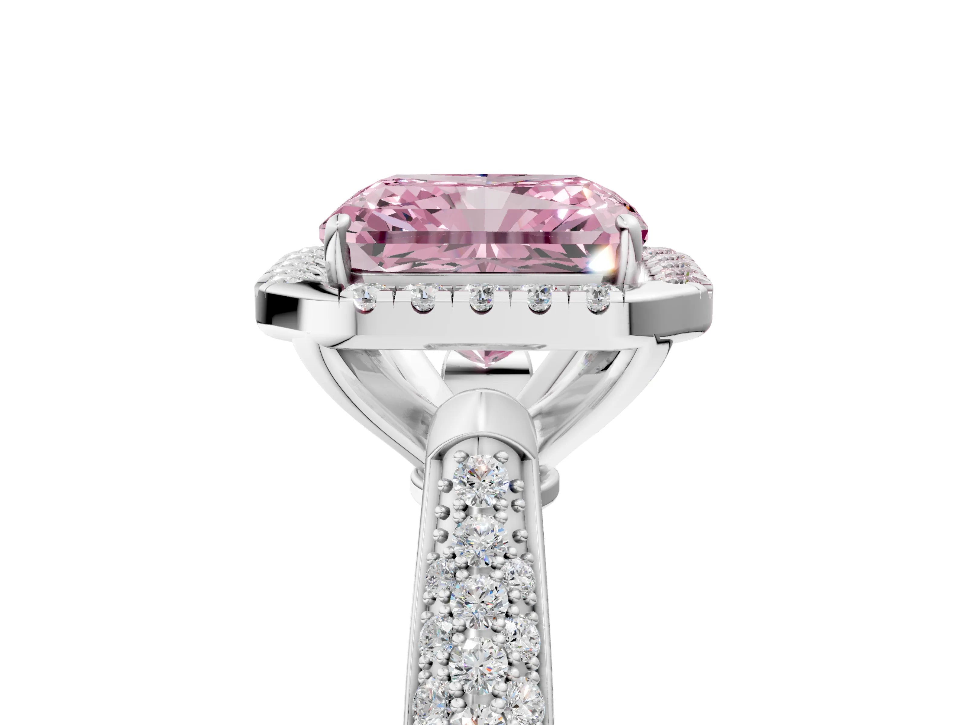 White gold Fancy Pink Radiant Cut Halo Diamond Ring with Pavé Band_5