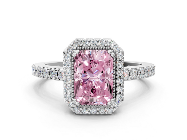Platinum Fancy Pink Radiant  Cut Diamond Halo Engagement Ring with Milgrain Detail and Pavé Band