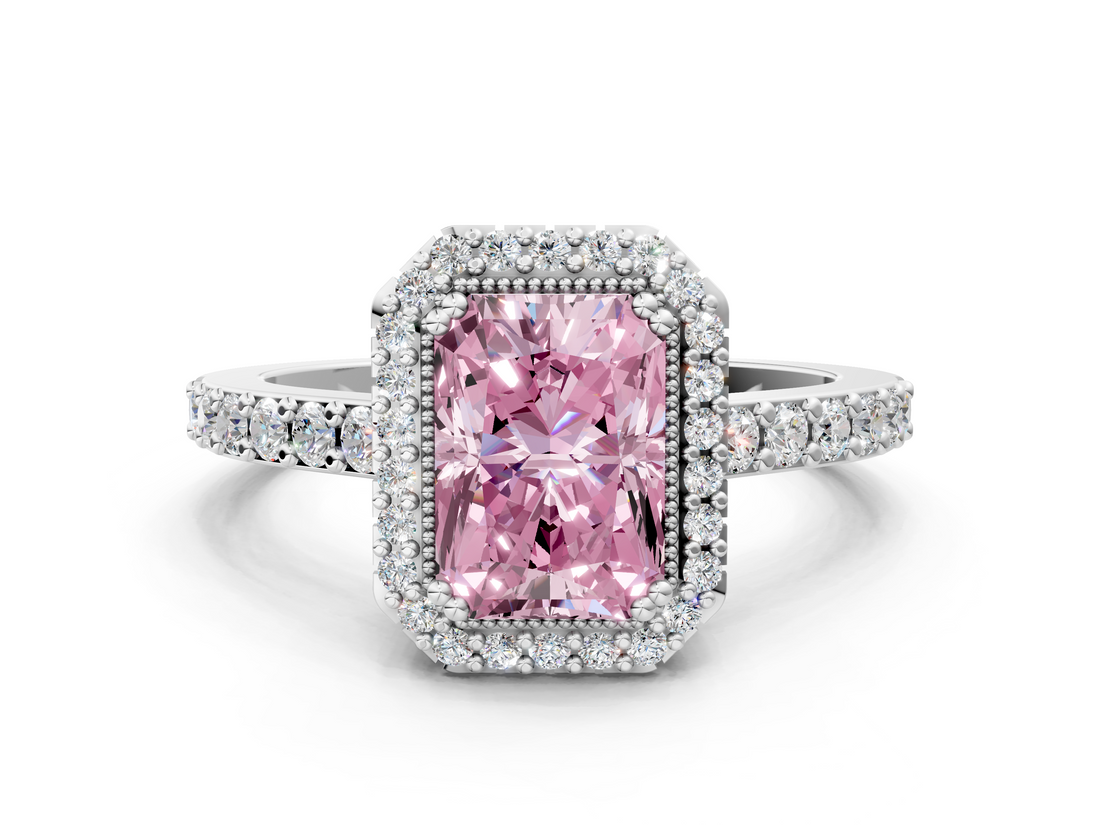 White gold Fancy Pink Radiant  Cut Halo Diamond Ring with Pave Band and Four-Prong Setting_24