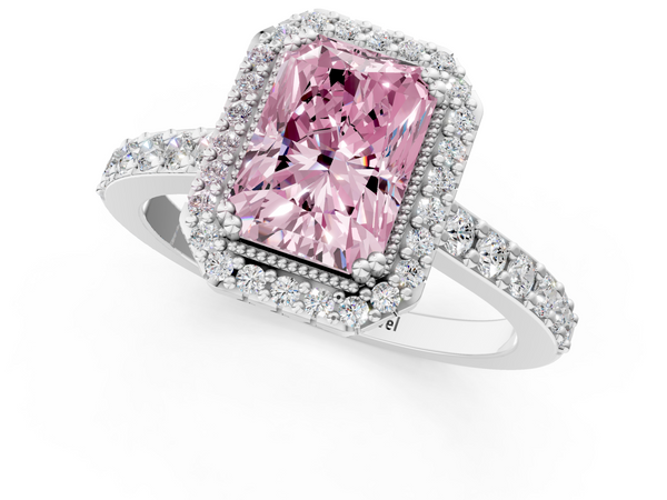 Platinum Fancy Pink Radiant  Cut Diamond Halo Engagement Ring with Milgrain Detail and Pavé Band