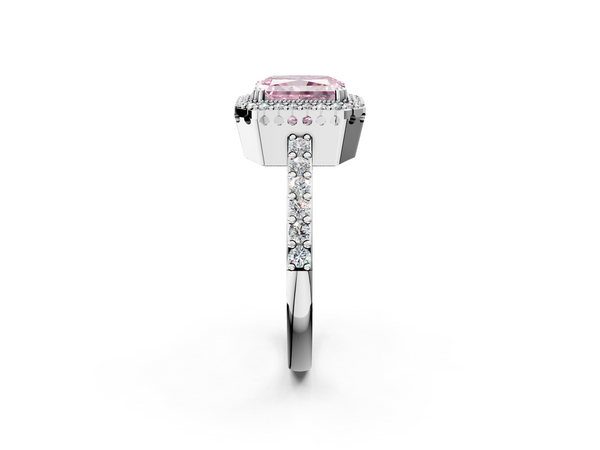 Platinum Fancy Pink Radiant  Cut Diamond Halo Engagement Ring with Milgrain Detail and Pavé Band