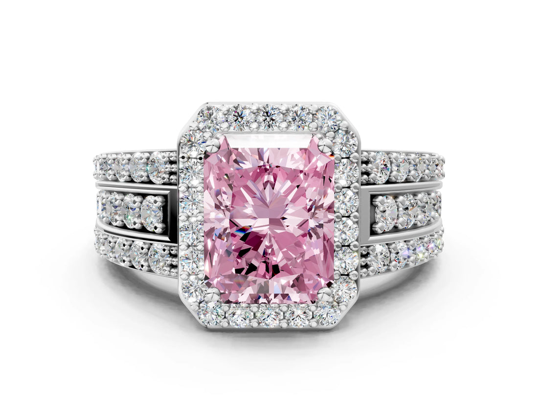 White gold Fancy Pink Radiant Cut Halo Diamond Ring with Round  Split Shank and Prong Setting_145