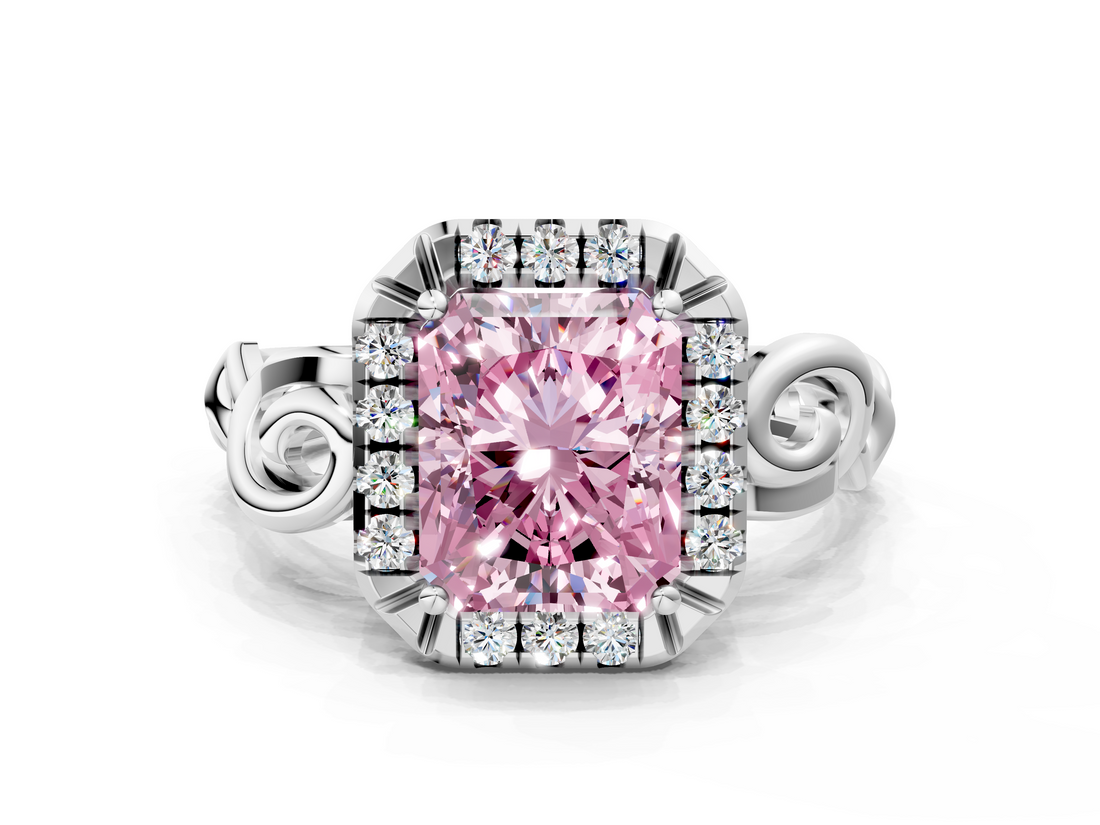 White gold Fancy Pink Radiant  Cut Halo Diamond Ring with Scrollwork Band and Four-Prong Setting_118