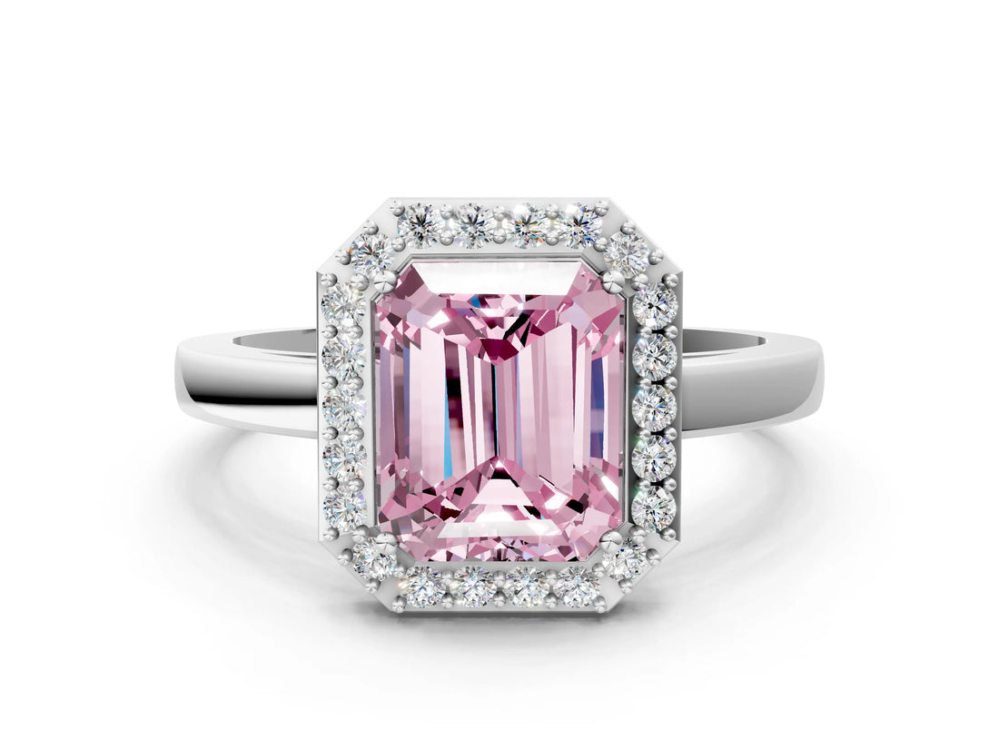 White gold Fancy Pink Radiant Cut Halo Diamond Ring with Solitaire Band and Prong Setting