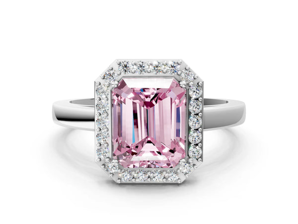 Platinum Fancy Pink Radiant Cut Halo Diamond Ring with Solitaire Band and Prong Setting