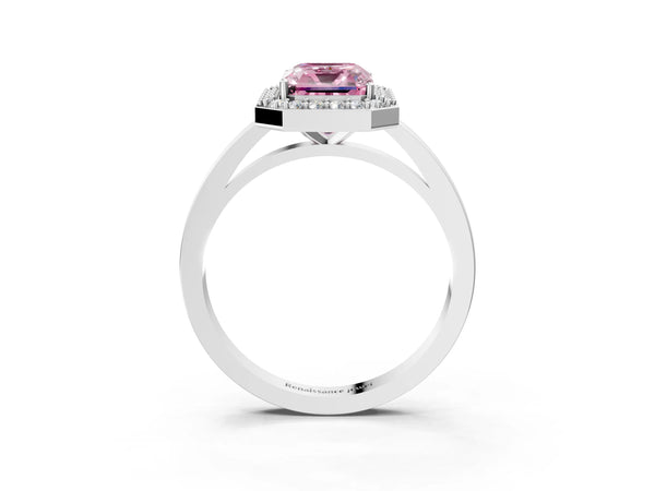 Platinum Fancy Pink Radiant Cut Halo Diamond Ring with Solitaire Band and Prong Setting