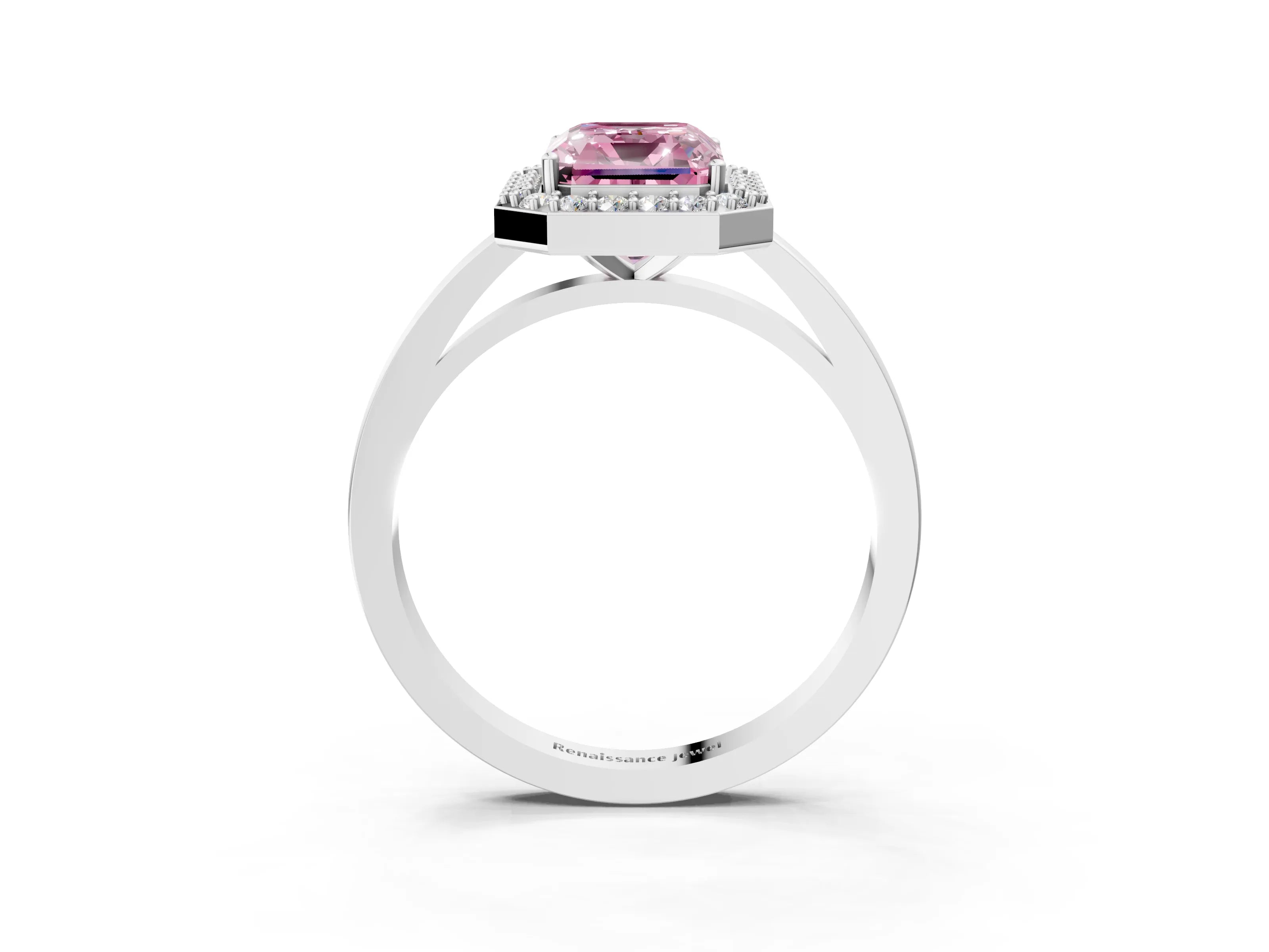White gold Fancy Pink Radiant Cut Halo Diamond Ring with Solitaire Band and Prong Setting_3