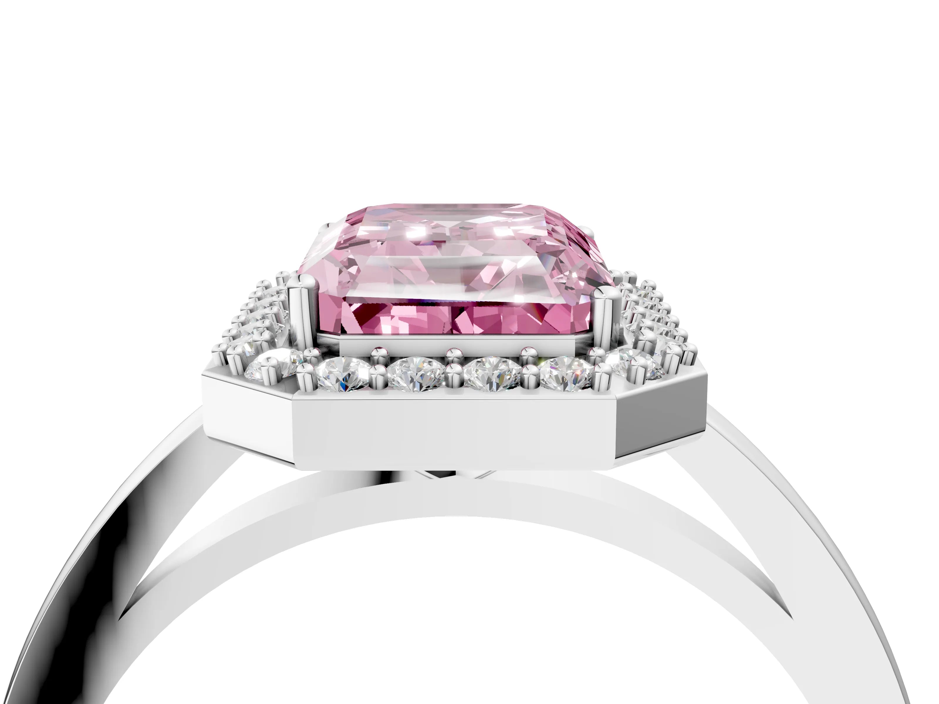 White gold Fancy Pink Radiant Cut Halo Diamond Ring with Solitaire Band and Prong Setting_4