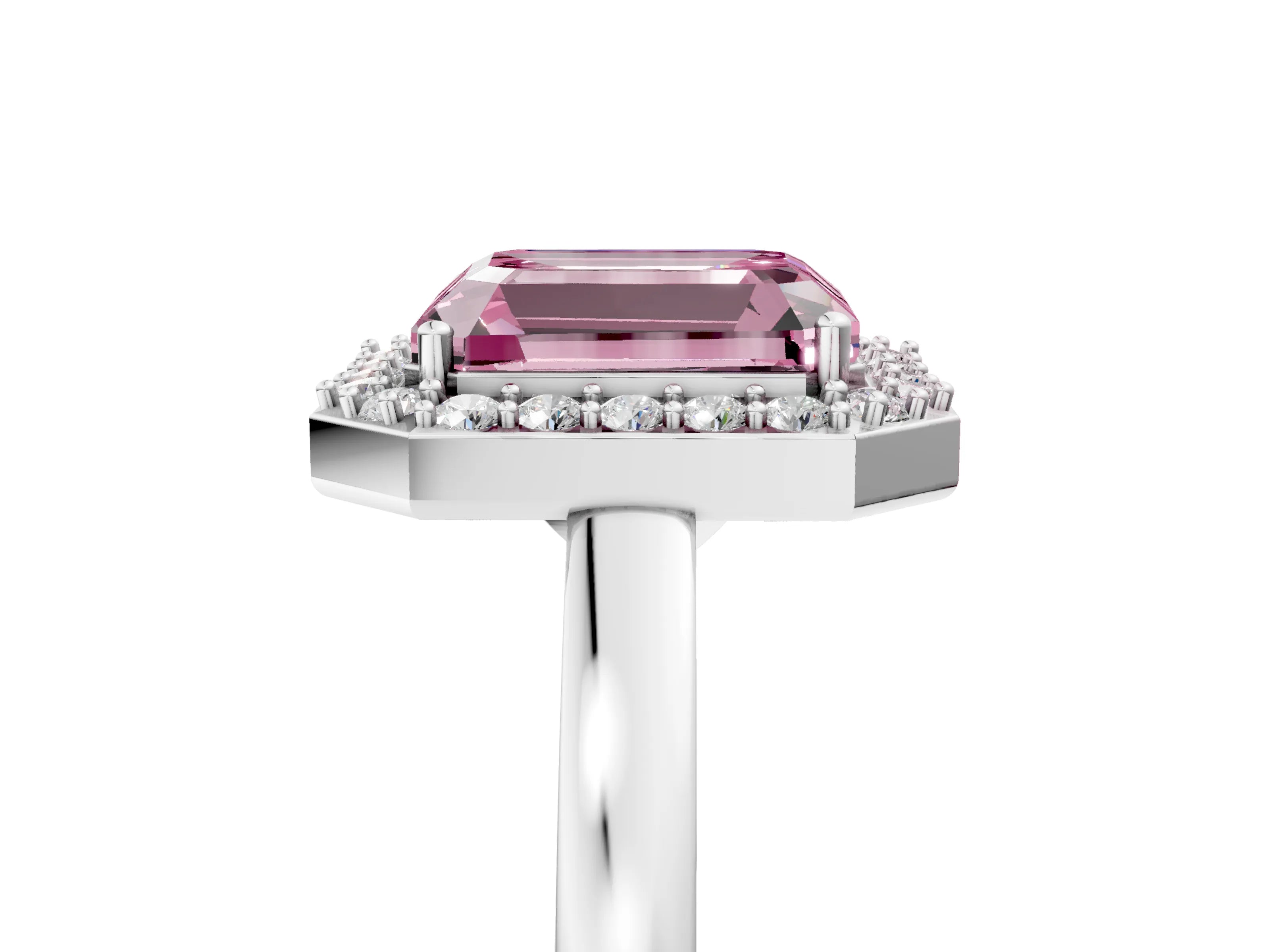 White gold Fancy Pink Radiant Cut Halo Diamond Ring with Solitaire Band and Prong Setting_5