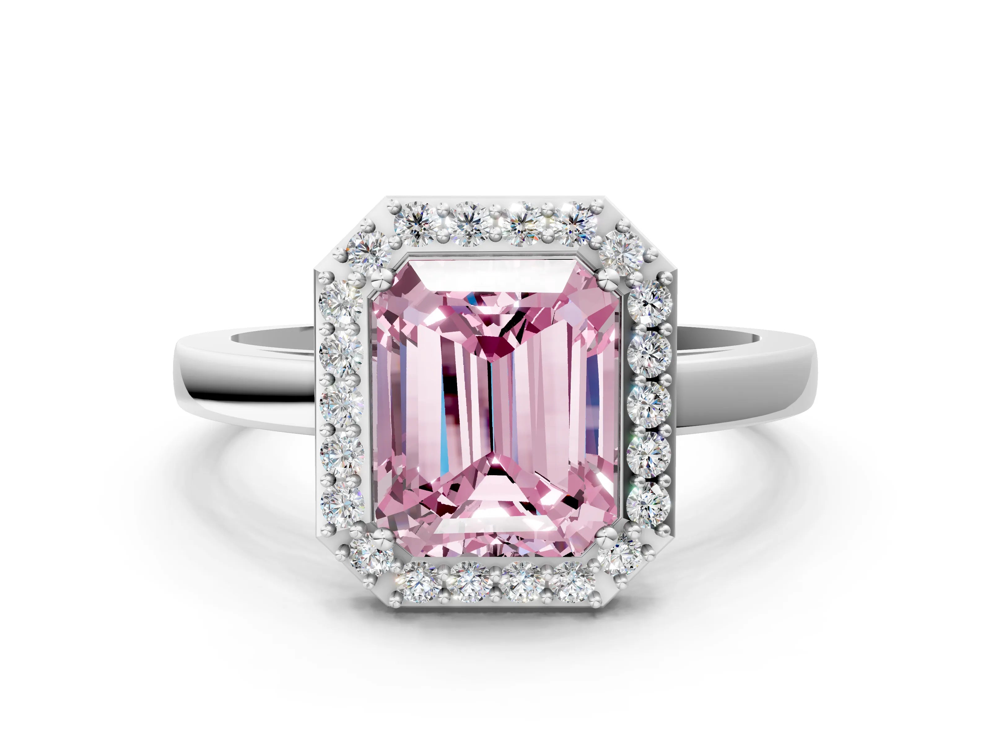 White gold Fancy Pink Radiant Cut Halo Diamond Ring with Solitaire Band and Prong Setting