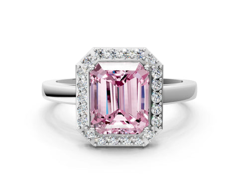 White gold Fancy Pink Radiant Cut Halo Diamond Ring with Solitaire Band and Prong Setting