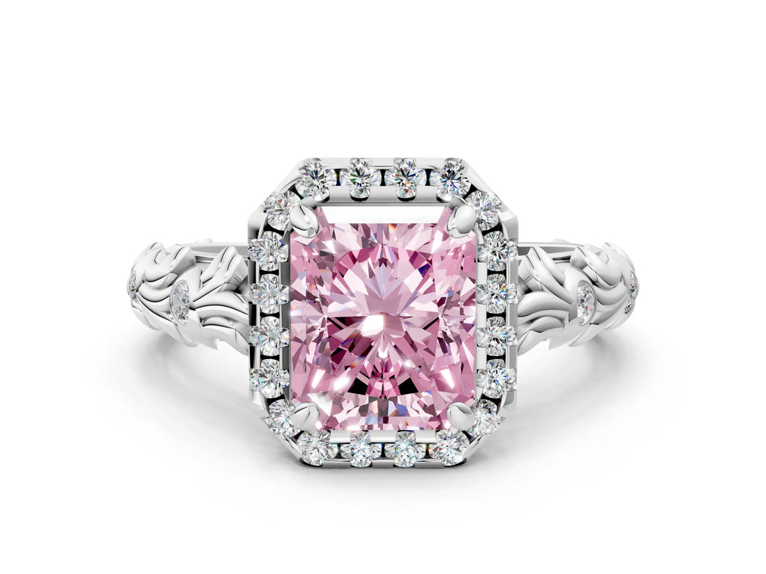 White gold Fancy Pink Radiant Cut Halo Diamond Solitaire with Filigree Band and Four-Prong Setting