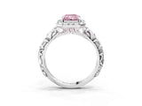 White gold Fancy Pink Radiant Cut Halo Diamond Solitaire with Filigree Band and Four-Prong Setting_3