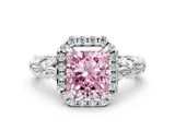 White gold Fancy Pink Radiant Cut Halo Diamond Solitaire with Filigree Band and Four-Prong Setting