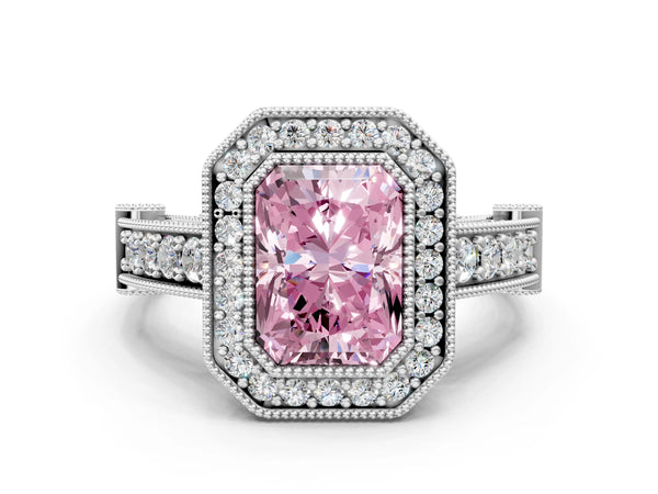 White Gold Radiant Cut Vintage Bezel Halo Engagement Ring Setting for Fancy Pink Center