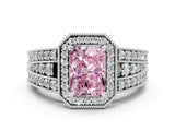 White gold Fancy Pink Radiant Cut Halo Diamond Split Shank Ring with Prong Setting_12