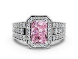 White gold Fancy Pink Radiant Cut Halo Diamond Split Shank Ring with Prong Setting