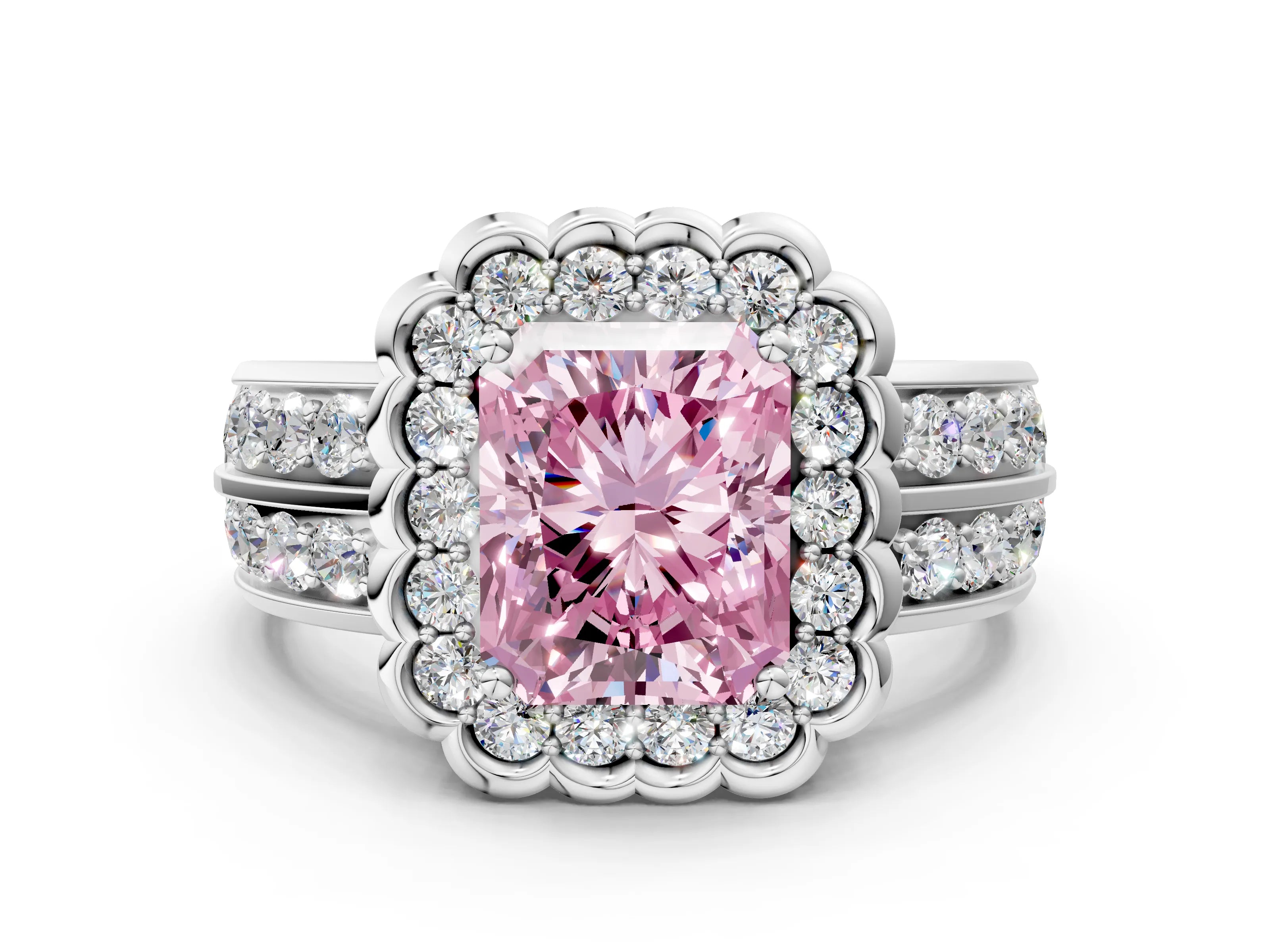 White gold Fancy Pink Radiant Cut Halo Diamond Split Shank Ring with Scalloped Prong Setting_12