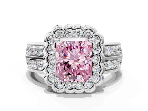 Platinum Fancy Pink Radiant Cut Halo Diamond Split Shank Ring with Scalloped Prong Setting