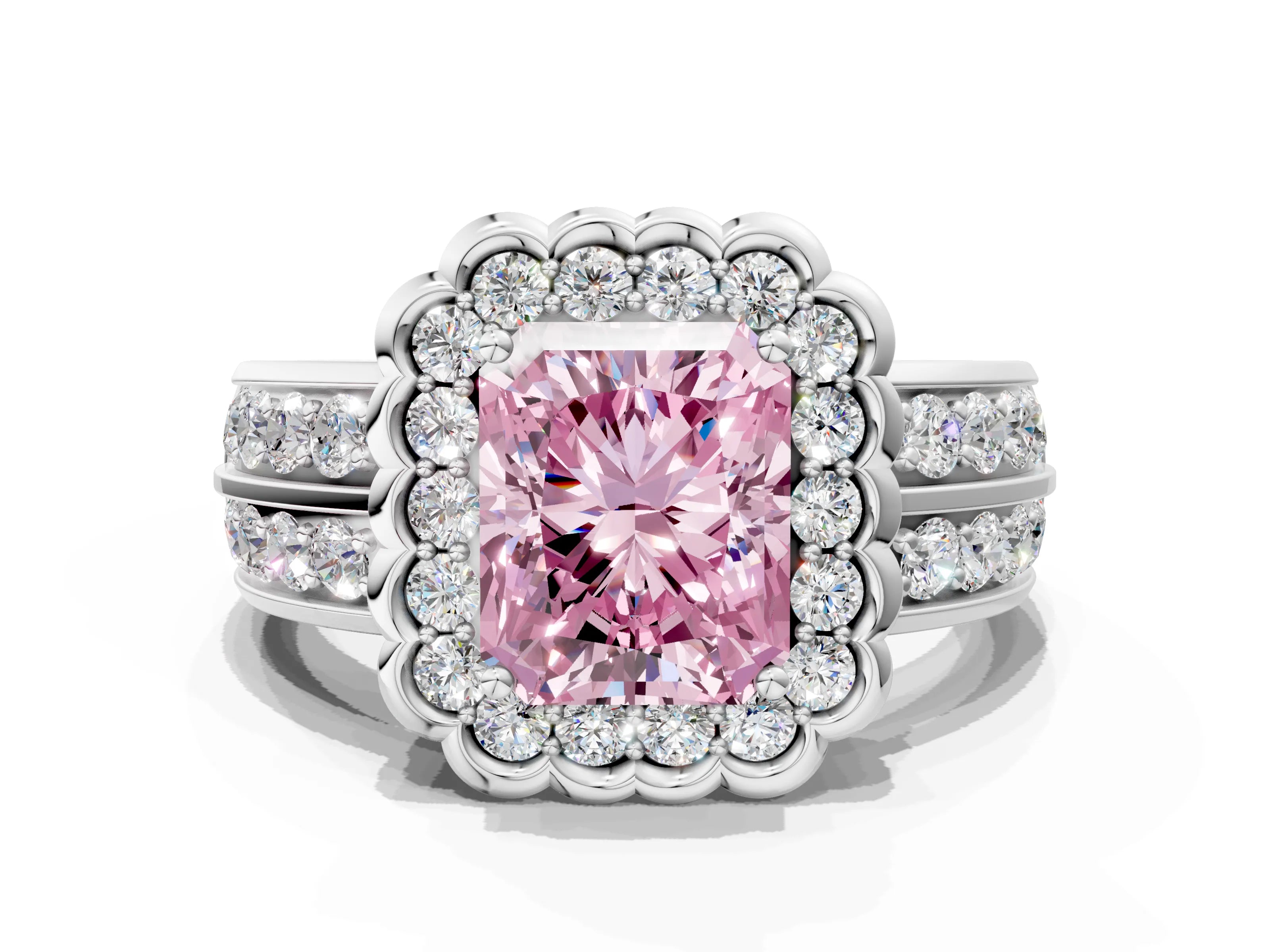 White gold Fancy Pink Radiant Cut Halo Diamond Split Shank Ring with Scalloped Prong Setting_12