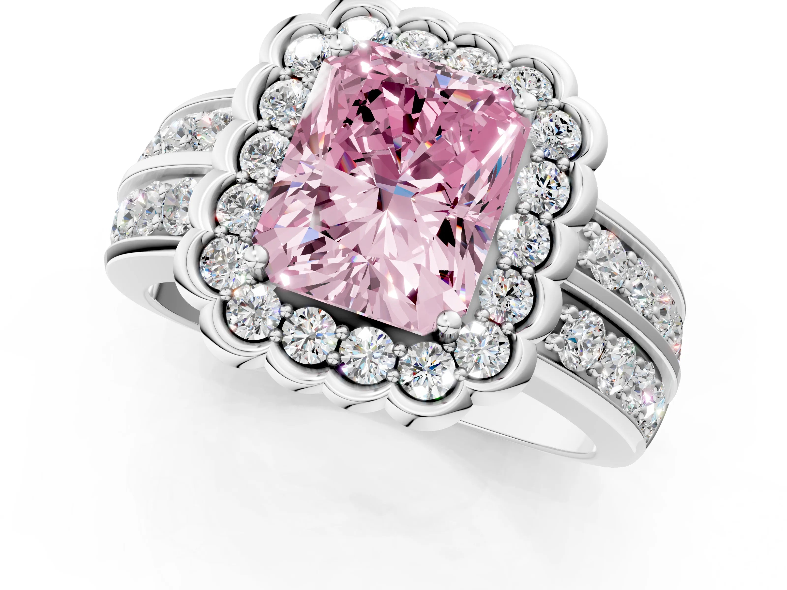 White gold Fancy Pink Radiant Cut Halo Diamond Split Shank Ring with Scalloped Prong Setting_13