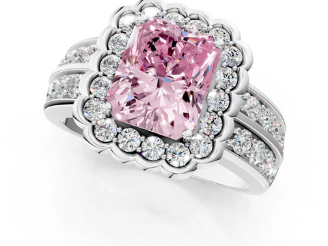 White gold Fancy Pink Radiant Cut Halo Diamond Split Shank Ring with Scalloped Prong Setting_13