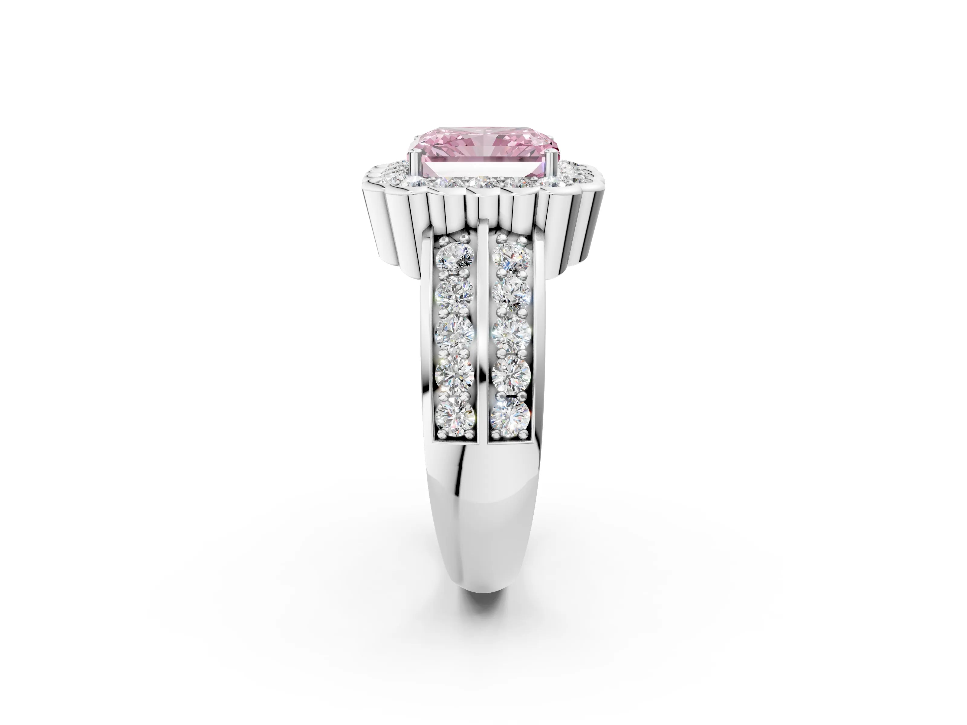 White gold Fancy Pink Radiant Cut Halo Diamond Split Shank Ring with Scalloped Prong Setting_14