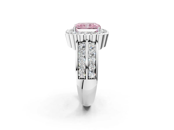 Platinum Fancy Pink Radiant Cut Halo Diamond Split Shank Ring with Scalloped Prong Setting