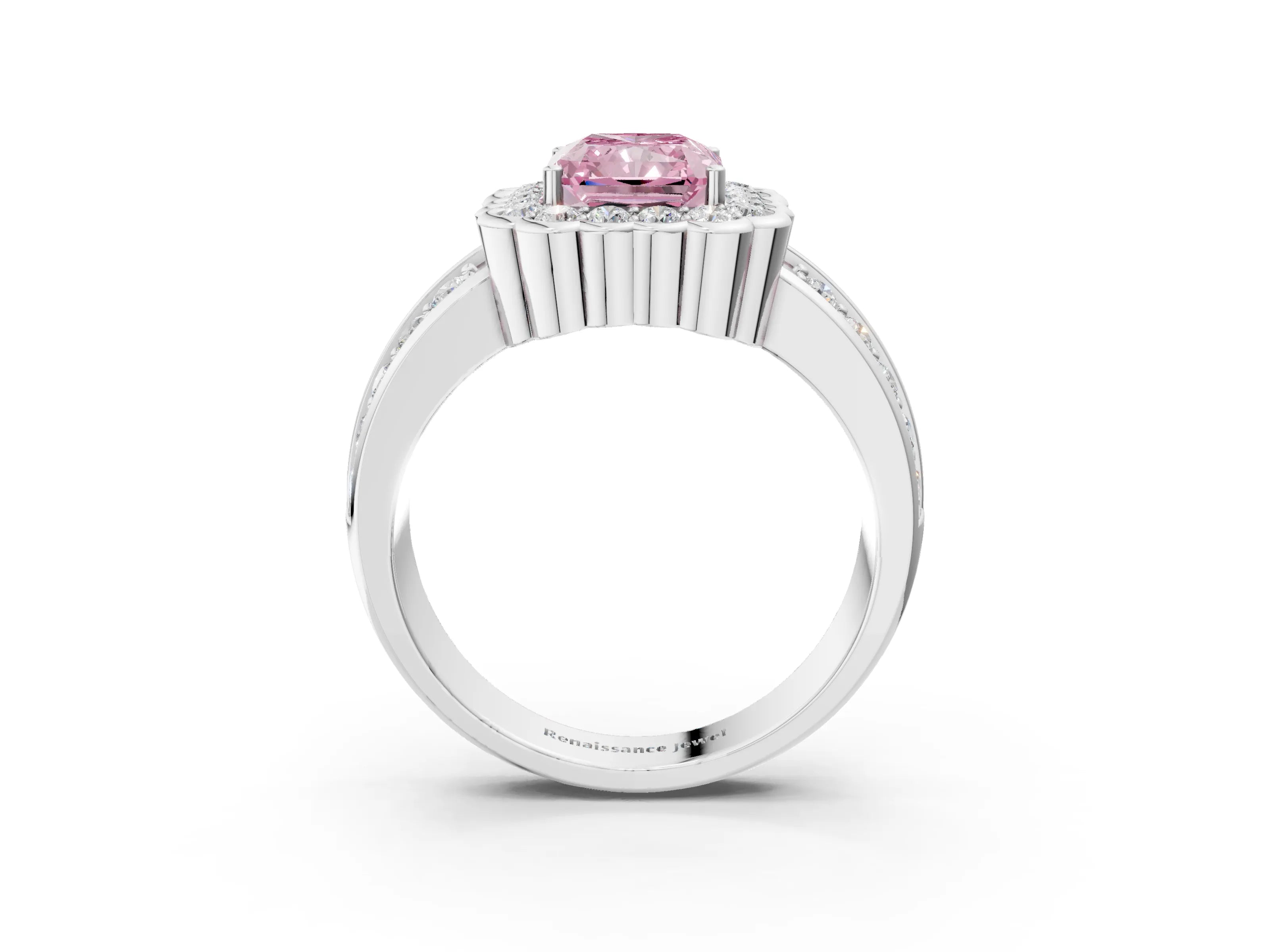 White gold Fancy Pink Radiant Cut Halo Diamond Split Shank Ring with Scalloped Prong Setting_15
