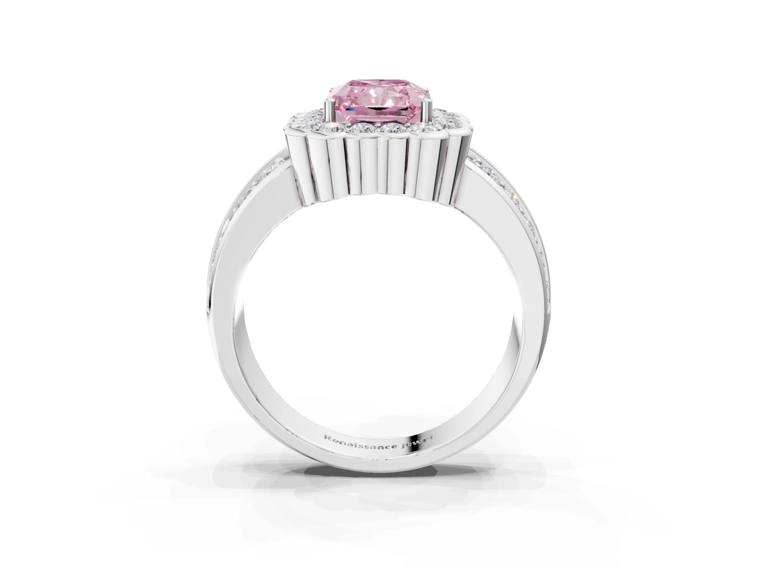 White gold Fancy Pink Radiant Cut Halo Diamond Split Shank Ring with Scalloped Prong Setting_15