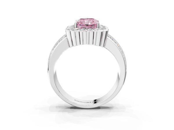 Platinum Fancy Pink Radiant Cut Halo Diamond Split Shank Ring with Scalloped Prong Setting